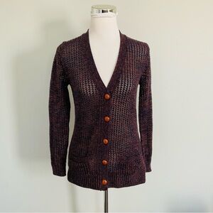 Women’s Fossil Sweater Cardigan Brown&Blue Open Knit Button Front Pockets Sz M